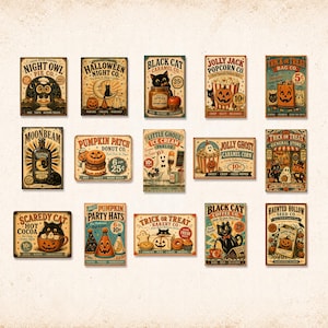 May include: A collection of fifteen rectangular vintage-style Halloween signs featuring illustrations of black cats, pumpkins, ghosts, and treats. Each sign displays unique text such as Night Owl Pie Co., Black Cat Caramel Co., and Trick or Treat Bakery Co. with various prices listed in cents.