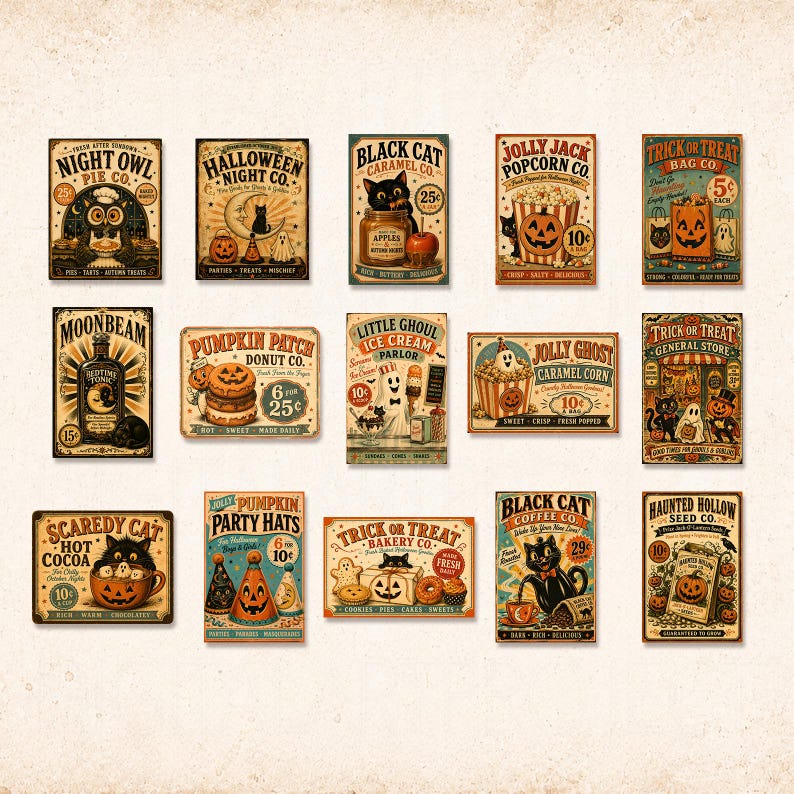 May include: A collection of fifteen rectangular vintage-style Halloween signs featuring illustrations of black cats, pumpkins, ghosts, and treats. Each sign displays unique text such as Night Owl Pie Co., Black Cat Caramel Co., and Trick or Treat Bakery Co. with various prices listed in cents.