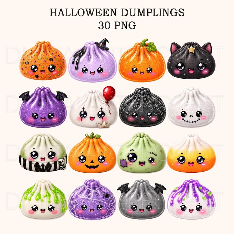 May include: A collection of 30 digital PNG illustrations titled HALLOWEEN DUMPLINGS, featuring various round, cartoon-style dumplings with faces. Designs include orange pumpkins, purple witch hats, black cats, spider webs, ghosts, and colorful slime patterns.
