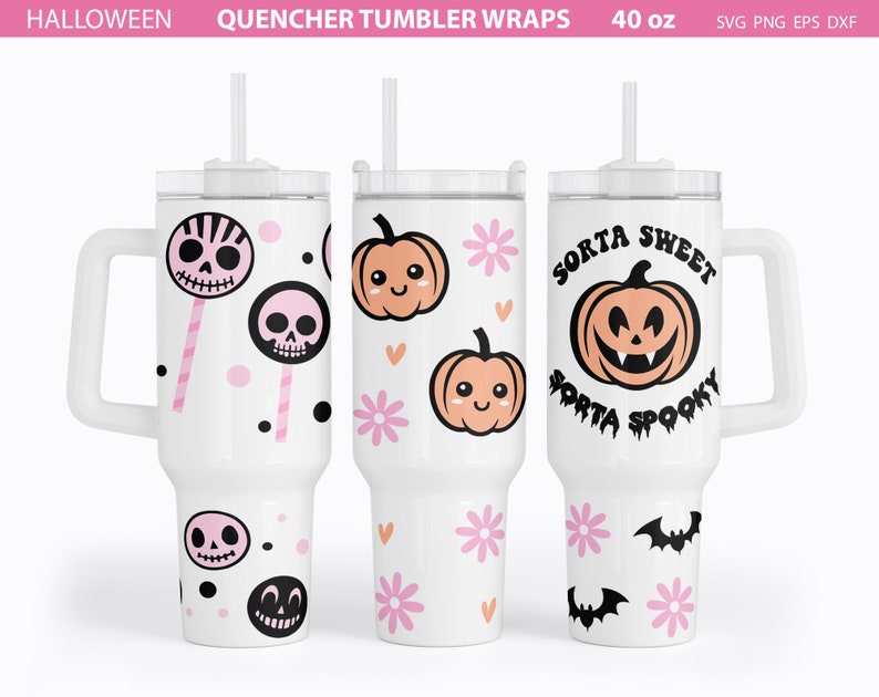 K&ouml;nnte beinhalten: Drei wei&szlig;e Becher mit 40 Unzen und verschiedenen Halloween-Designs. Der erste Becher hat ein pink-schwarzes Totenkopf- und Lolli-Design. Der zweite Becher hat ein pink-orangenes K&uuml;rbis-Design mit einer pinken Blume und Herzen. Der dritte Becher hat ein schwarz-orangenes K&uuml;rbis-Design mit dem Text "Sorta Sweet Sorta Spooky" und einer Fledermaus.