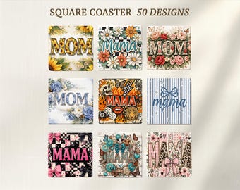 Mama Coaster PNG Bundle, Mom Square Coaster Designs, Floral Mama PNG, Sublimation Coaster Design, Mother's Day Gift,Mama Sublimation Designs
