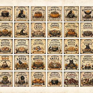 May include: A grid of thirty square labels featuring vintage-style Halloween illustrations and text. Each label displays unique spooky themes like Witches Brew, Black Cat, Jack-O-Lantern, and Pumpkin Patch, with decorative borders and aged paper textures.