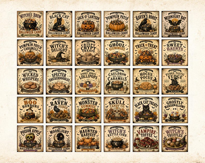 May include: A grid of thirty square labels featuring vintage-style Halloween illustrations and text. Each label displays unique spooky themes like Witches Brew, Black Cat, Jack-O-Lantern, and Pumpkin Patch, with decorative borders and aged paper textures.