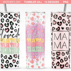 May include: Three 20 ounce stainless steel tumblers with different designs. The first tumbler has a white background with black leopard print and pink hearts. The second tumbler has a white background with pink, purple, and green paint splatters and the words "one loved mama" in a rainbow font. The third tumbler has a pink background with black leopard print and the word "mama" in a black square.