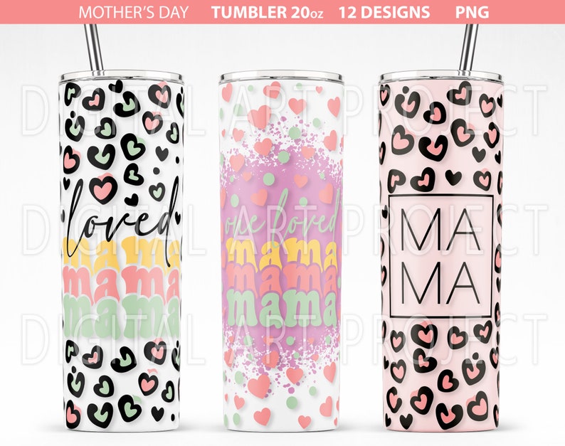 May include: Three 20 ounce stainless steel tumblers with different designs. The first tumbler has a white background with black leopard print and pink hearts. The second tumbler has a white background with pink, purple, and green paint splatters and the words "one loved mama" in a rainbow font. The third tumbler has a pink background with black leopard print and the word "mama" in a black square.
