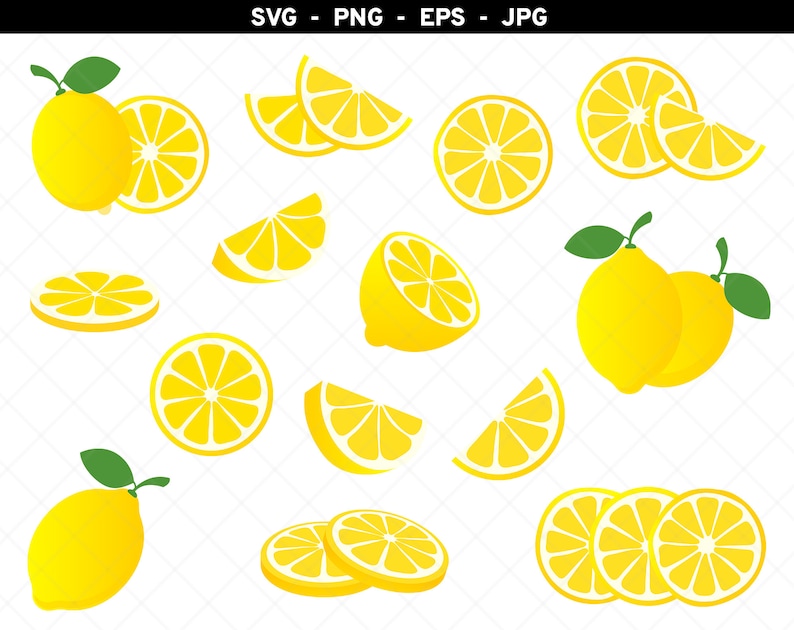 May include: A collection of yellow lemons and lemon slices, some with green leaves, in various positions and arrangements. The lemons are a bright yellow colour and the slices are cut in half, showing the juicy flesh.