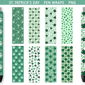 May include: A collection of St. Patrick's Day pen wraps in various green patterns. Designs include shamrocks, smiley faces, leopard print, and hearts. The image also shows two pens with matching designs. Text at the top reads "ST. PATRICK'S DAY PEN WRAPS PNG."