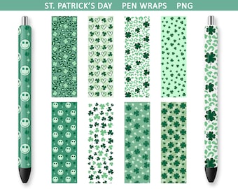 May include: A collection of St. Patrick's Day pen wraps in various green patterns. Designs include shamrocks, smiley faces, leopard print, and hearts. The image also shows two pens with matching designs. Text at the top reads "ST. PATRICK'S DAY PEN WRAPS PNG."