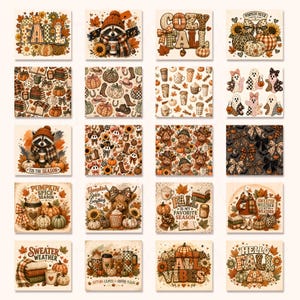 May include: A collection of twenty square digital illustrations featuring autumn themes, including pumpkins, sunflowers, raccoons, ghosts, highland cows, coffee cups, and sweaters, with text overlays like Fall, Cozy Fall, Pumpkin Patch, and Sweater Weather.