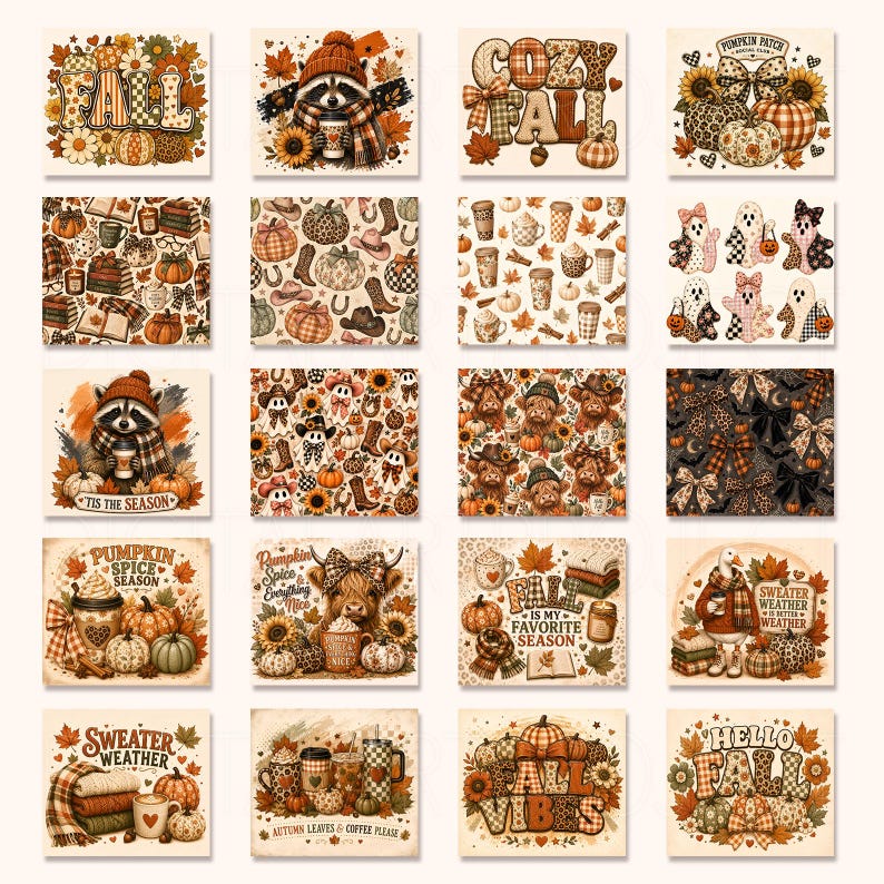 May include: A collection of twenty square digital illustrations featuring autumn themes, including pumpkins, sunflowers, raccoons, ghosts, highland cows, coffee cups, and sweaters, with text overlays like Fall, Cozy Fall, Pumpkin Patch, and Sweater Weather.