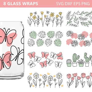 Line Art Glass Can Svg Bundle, Libbey Glass Svg, Line flowers Svg, Coffee Can Glass, Wildflower Svg, Floral Wrap svg, Butterfly Svg, Cricut