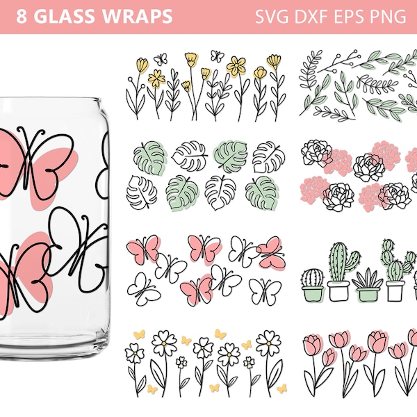 Line Art Glass Can Svg Bundle, Libbey Glass Svg, Line flowers Svg, Coffee Can Glass, Wildflower Svg, Floral Wrap svg, Butterfly Svg, Cricut