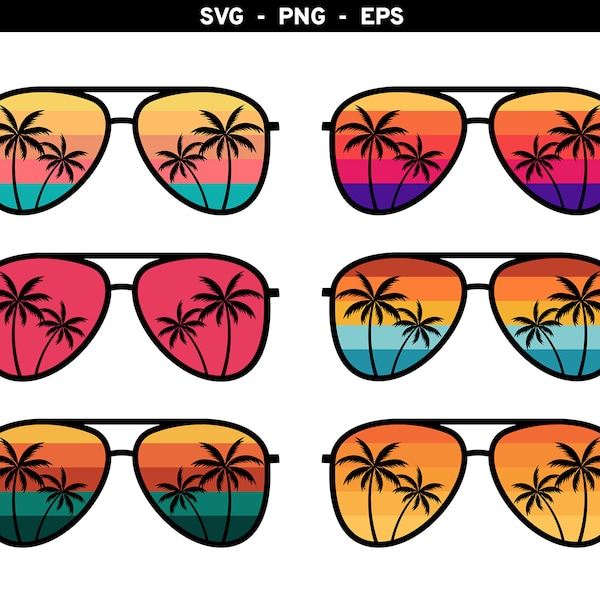 Palm Tree Sunglasses svg, Aviators svg, Sunglasses Retro png, Beach Sunglasses svg, Palms Shades svg, Vintage Sunset Sunglasses SVG