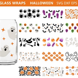 May include: 15 Halloween-themed glass wrap designs featuring various elements like ghosts, pumpkins, bats, spiders, candy corn, and skulls. The designs are in black, orange, white, purple, and green.