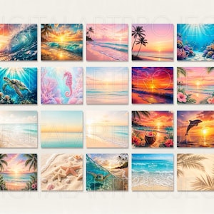 Puede incluir: Una colecci&oacute;n de impresiones art&iacute;sticas digitales cuadradas que representan diversas escenas de playa y oc&eacute;ano. Cada impresi&oacute;n muestra vibrantes puestas de sol, olas, palmeras y vida marina, incluyendo tortugas marinas, caballitos de mar y delfines. La paleta de colores incluye azules, naranjas, rosas y amarillos.