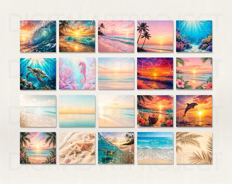 Puede incluir: Una colecci&oacute;n de impresiones art&iacute;sticas digitales cuadradas que representan diversas escenas de playa y oc&eacute;ano. Cada impresi&oacute;n muestra vibrantes puestas de sol, olas, palmeras y vida marina, incluyendo tortugas marinas, caballitos de mar y delfines. La paleta de colores incluye azules, naranjas, rosas y amarillos.