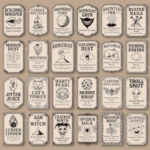 May include: A collection of 24 vintage-style potion labels with various names and descriptions. Each label features a unique illustration and text, including "Scalding Whisper," "Mirror Dust," and "Cursed Cinder." The labels are in shades of beige and brown.