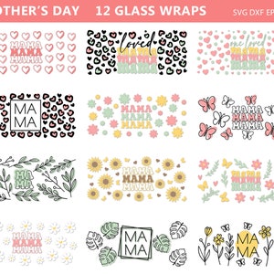 K&ouml;nnte beinhalten: Eine Sammlung von 12 Glasverpackungen mit verschiedenen Designs zum Muttertag. Designs umfassen Herzen, Leopardenmuster, Blumen, Schmetterlinge und das Wort "MAMA" in verschiedenen Schriftarten und Farben. Der Text "MOTHER'S DAY 12 GLASS WRAPS" steht oben.