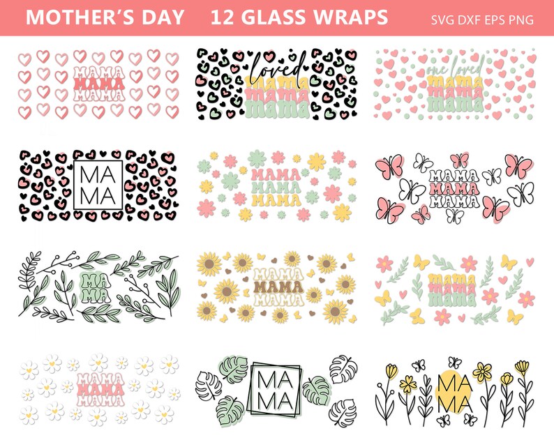 K&ouml;nnte beinhalten: Eine Sammlung von 12 Glasverpackungen mit verschiedenen Designs zum Muttertag. Designs umfassen Herzen, Leopardenmuster, Blumen, Schmetterlinge und das Wort "MAMA" in verschiedenen Schriftarten und Farben. Der Text "MOTHER'S DAY 12 GLASS WRAPS" steht oben.