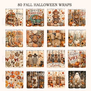Op de afbeelding: Een collectie van 80 digitale tumbler-ontwerpen met herfst- en Halloween-thema's. De afbeeldingen bevatten pompoenen, zonnebloemen, hooglandrunderen, geesten, herfstbladeren, ruitpatronen en teksten zoals Booked for Fall en Pumpkin Spice.
