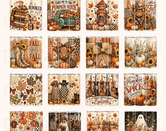 Fall Tumbler Wrap PNG Bundle, 20oz Skinny Sublimation Designs with Pumpkins, Ghosts, Highland Cows