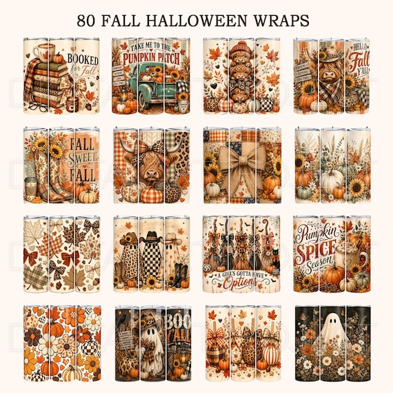 Fall Tumbler Wrap PNG Bundle, 20oz Skinny Sublimation Designs with Pumpkins, Ghosts, Highland Cows