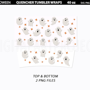 May include: Halloween themed tumbler wrap design featuring a white background with a pattern of white ghosts and orange stars. The text "QUENCHER TUMBLER WRAPS" and "40 oz" is at the top of the design. The text "TOP & BOTTOM 2 PNG FILES" is at the bottom of the design.