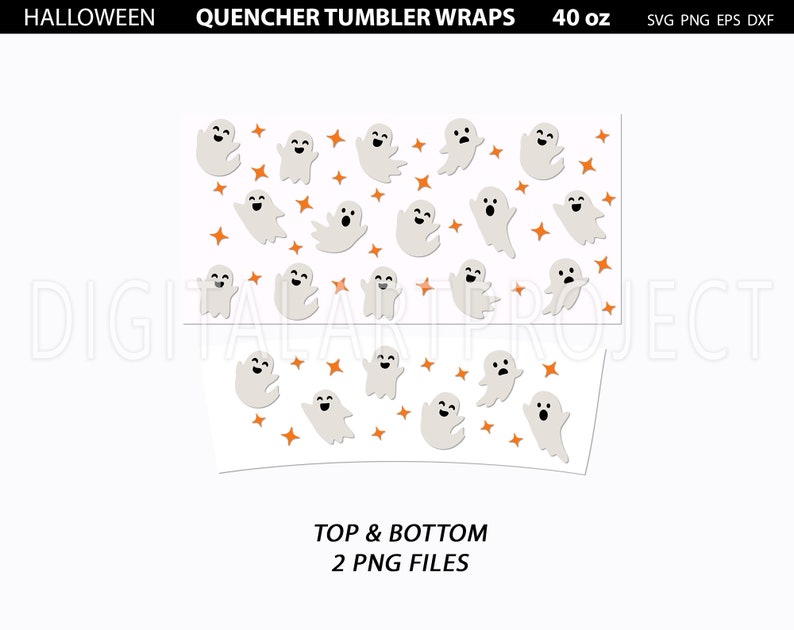 May include: Halloween themed tumbler wrap design featuring a white background with a pattern of white ghosts and orange stars. The text "QUENCHER TUMBLER WRAPS" and "40 oz" is at the top of the design. The text "TOP & BOTTOM 2 PNG FILES" is at the bottom of the design.