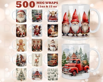 May include: 500 Christmas themed mug wraps for 11 oz and 15 oz mugs. The designs include Santa Claus, gingerbread men, snowmen, reindeer, a red truck, gnomes, and more.
