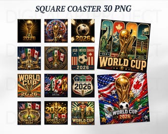 World Cup 2026 Square Coaster PNG Bundle, Football Coaster Sublimation Design, USA Mexico Canada Soccer Png , Football Sublimation