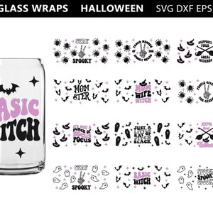 May include: Twelve digital designs for glass wraps featuring Halloween themes. The designs include text such as "Basic Witch", "Momster", "Proud Member of the Spooky Squad", "Support Your Local Witches", "People Give Me the Creeps", "It's Just a Bunch of Hocus Pocus", "Just a Little Ray of Pitch Black", "100% Real Witch", "Stay Spooky", "Spooky Spooky Spooky".