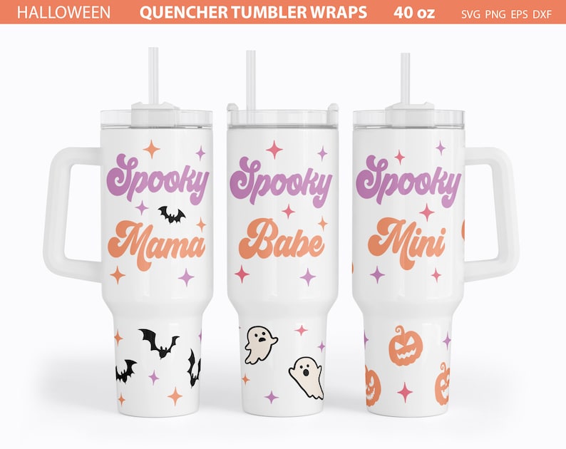 May include: Three white 40 ounce tumblers with lids and straws. The tumblers have different designs with the text "Spooky Mama", "Spooky Babe", and "Spooky Mini" in a retro font. Each tumbler has a different design with bats, ghosts, and pumpkins.