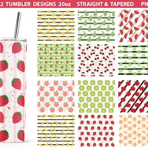 May include: Twelve 20oz tumbler designs featuring various fruit patterns. The designs include strawberries, avocados, peaches, bananas, pears, cherries, kiwi, apples, watermelon, limes, and oranges. The designs are in a variety of colours, including red, green, yellow, orange, and pink. The designs are perfect for adding a touch of fun and personality to your tumblers.