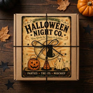 May include: A square cardboard box tied with black twine, featuring a vintage-style label that reads Halloween Night Co. Established October 31st, Fine Goods for Ghosts & Goblins, Parties, Treats, Mischief, with a crescent moon, cat, pumpkin, and ghost.