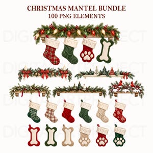 Puede incluir: Una colección digital titulada CHRISTMAS MANTEL BUNDLE 100 PNG ELEMENTS que presenta varias ilustraciones de repisas de madera decoradas con guirnaldas de pino, bayas rojas, luces y surtidos de calcetines navideños y adornos para mascotas.