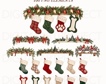 Christmas Mantel and Stockings PNG Bundle, Fireplace Clipart for Ornaments and Holiday Crafts