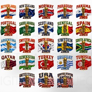 May include: A collection of graphic designs featuring flags of various countries, the FIFA World Cup trophy, and the year 2026. Each design includes the country's name and flag, with a gold trophy and the number 2026.