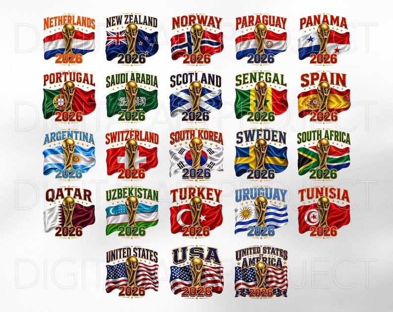 May include: A collection of graphic designs featuring flags of various countries, the FIFA World Cup trophy, and the year 2026. Each design includes the country's name and flag, with a gold trophy and the number 2026.