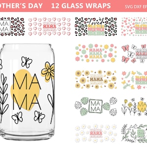 K&ouml;nnte beinhalten: Transparente Glasverpackung mit gelbem "MAMA"-Design, Schmetterlingen und floralen Akzenten. Das Bild zeigt auch verschiedene Designs mit dem Wort "MAMA" in verschiedenen Schriftarten und Mustern, darunter Herzen, Blumen und Leopardenmuster.