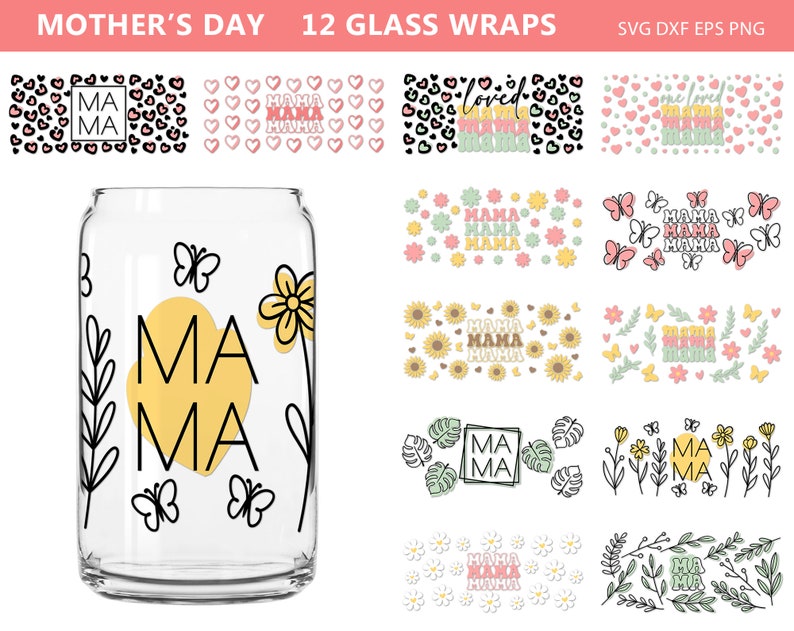 K&ouml;nnte beinhalten: Transparente Glasverpackung mit gelbem "MAMA"-Design, Schmetterlingen und floralen Akzenten. Das Bild zeigt auch verschiedene Designs mit dem Wort "MAMA" in verschiedenen Schriftarten und Mustern, darunter Herzen, Blumen und Leopardenmuster.