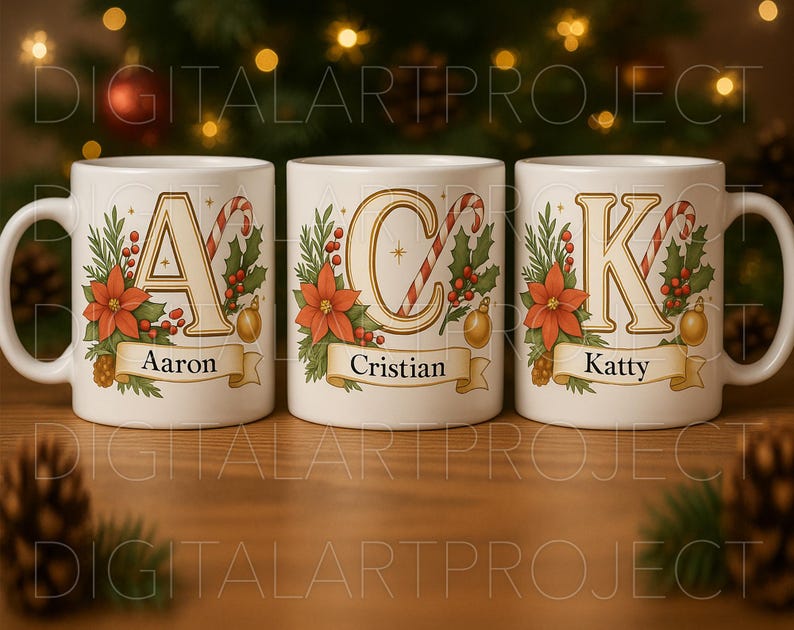 May include: Three white ceramic mugs with Christmas-themed designs. Each mug features a letter, a candy cane, poinsettias, and a banner with a name. The mugs are decorated with gold accents and festive holiday elements.