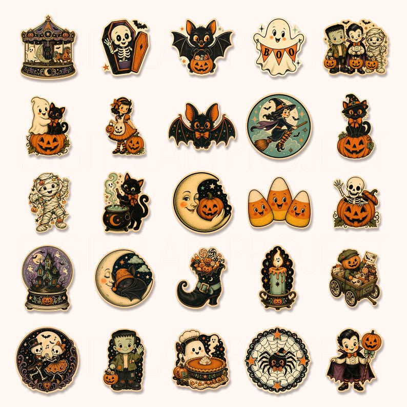 May include: A collection of twenty-five Halloween-themed stickers featuring various illustrations including a carousel, skeletons, bats, ghosts, a witch on a broomstick, black cats, a mummy, a cauldron, candy corn, a moon, a haunted house, and a spider.