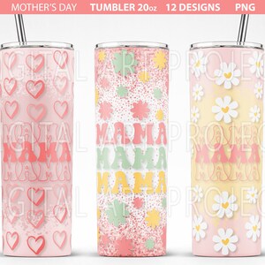 May include: Three 20 ounce stainless steel tumblers with different designs. The first tumbler has a pink background with white hearts and the text "Mama" in pink. The second tumbler has a pink background with green and yellow flowers and the text "Mama" in pink. The third tumbler has a pink background with yellow daisies and the text "Mama" in pink.