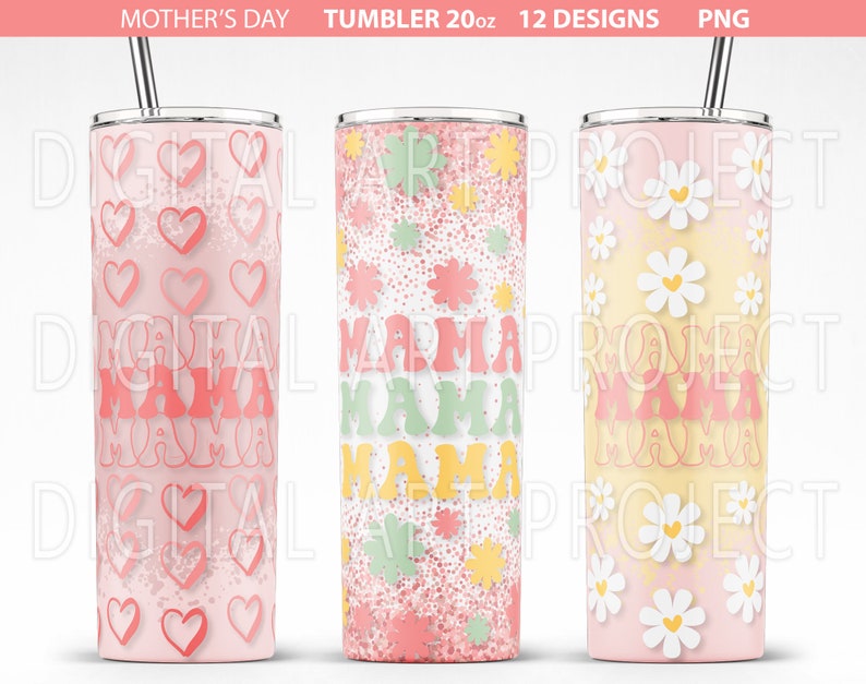 May include: Three 20 ounce stainless steel tumblers with different designs. The first tumbler has a pink background with white hearts and the text "Mama" in pink. The second tumbler has a pink background with green and yellow flowers and the text "Mama" in pink. The third tumbler has a pink background with yellow daisies and the text "Mama" in pink.