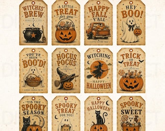 Halloween Gift Tags PNG, Vintage Halloween Tags, Printable Treat Tags, Fall Favor Tags, Primitive Junk Journal Ephemera, Spooky Halloween Tag