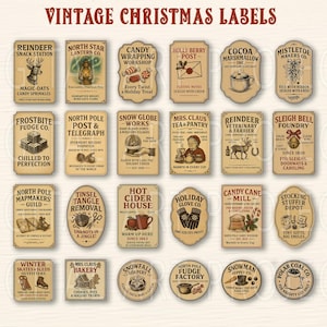 May include: A collection of vintage-style Christmas labels with various designs and text. The labels feature illustrations of reindeer, lanterns, candy, snow globes, and other holiday-themed elements. The labels are in shades of brown and beige.