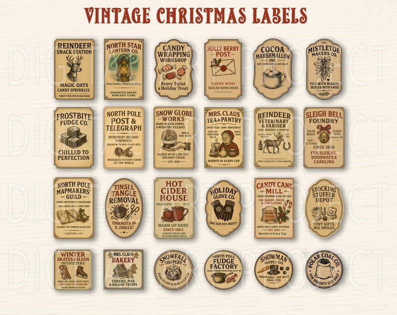 May include: A collection of vintage-style Christmas labels with various designs and text. The labels feature illustrations of reindeer, lanterns, candy, snow globes, and other holiday-themed elements. The labels are in shades of brown and beige.