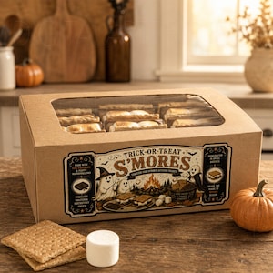 K&ouml;nnte beinhalten: Ein rechteckiger Pappkarton mit S'mores und einem Sichtfenster auf der Oberseite. Das Etikett zeigt den Text "Trick-or-Treat S'mores" mit Illustrationen von Geistern und einem Lagerfeuer. Ein Marshmallow und zwei Kekse liegen davor.