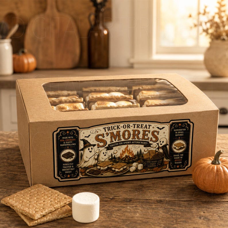 K&ouml;nnte beinhalten: Ein rechteckiger Pappkarton mit S'mores und einem Sichtfenster auf der Oberseite. Das Etikett zeigt den Text "Trick-or-Treat S'mores" mit Illustrationen von Geistern und einem Lagerfeuer. Ein Marshmallow und zwei Kekse liegen davor.