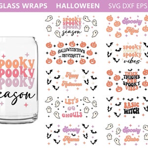May include: Ten digital designs for glass wraps featuring Halloween themed text and graphics. The designs include ghosts, bats, pumpkins, and text such as "Spooky Season", "Spooky Vibes", and "Basic Witch".
